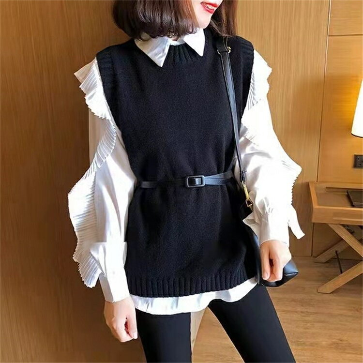 スタイルアップ効果 2点セット デザイン感 秋 長袖シャツ セーター ニットベスト (T)