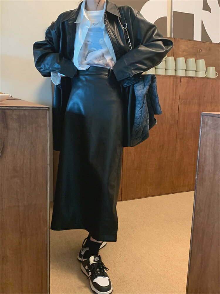 ロングスカート セットアップ PU革ジャン 2点セット コート (T)