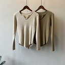 ボタン Vネック 長袖 スリム ニットトップス (T)