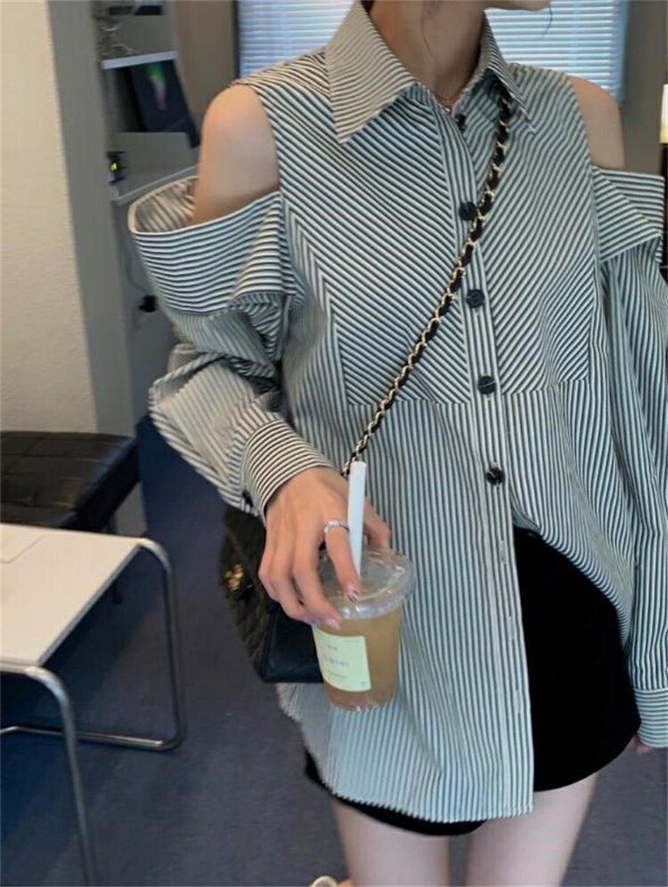 ストライプシャツ セクシーオフショルダー長袖 (T)