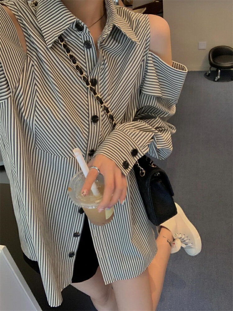 ストライプシャツ セクシーオフショルダー長袖 (T)