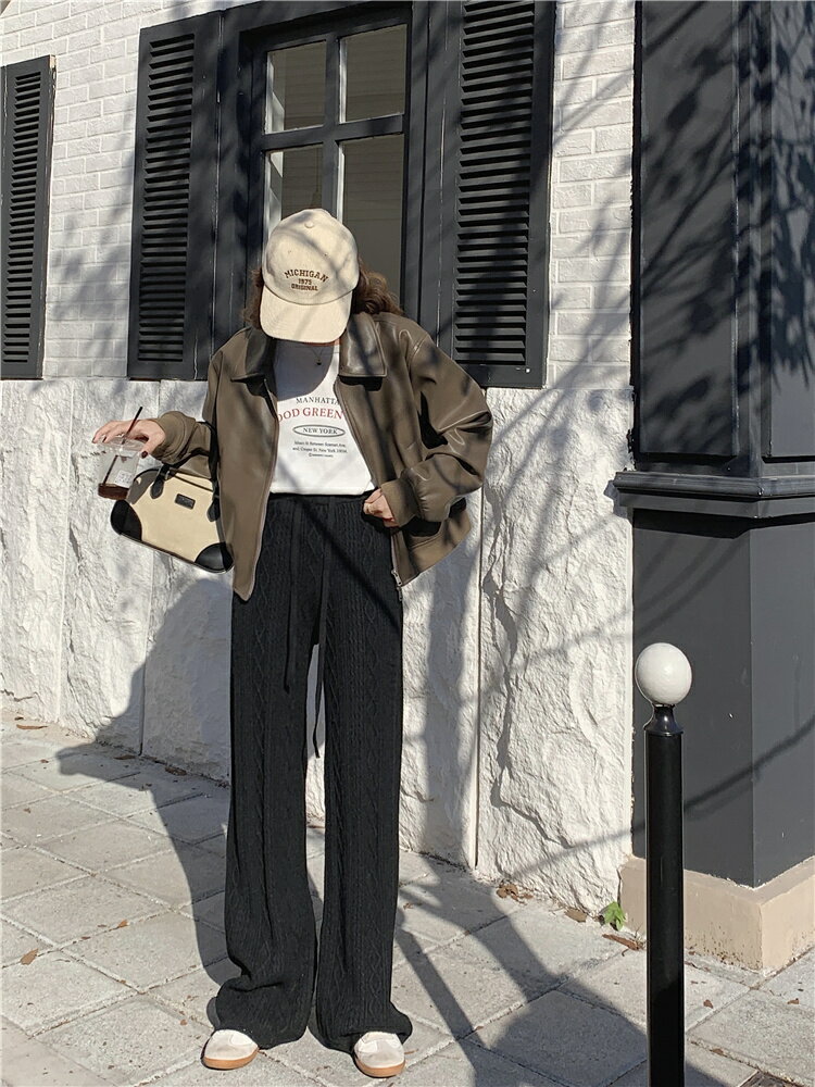 麻花ハイウエスト毛糸ワイドパンツ (T)