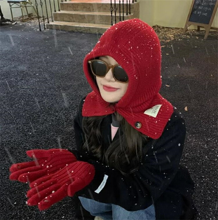 毛糸で首を囲む一体型ニット帽 (T)