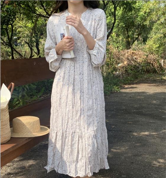 花柄ウエスト収まりリボン長袖ワンピース (T)