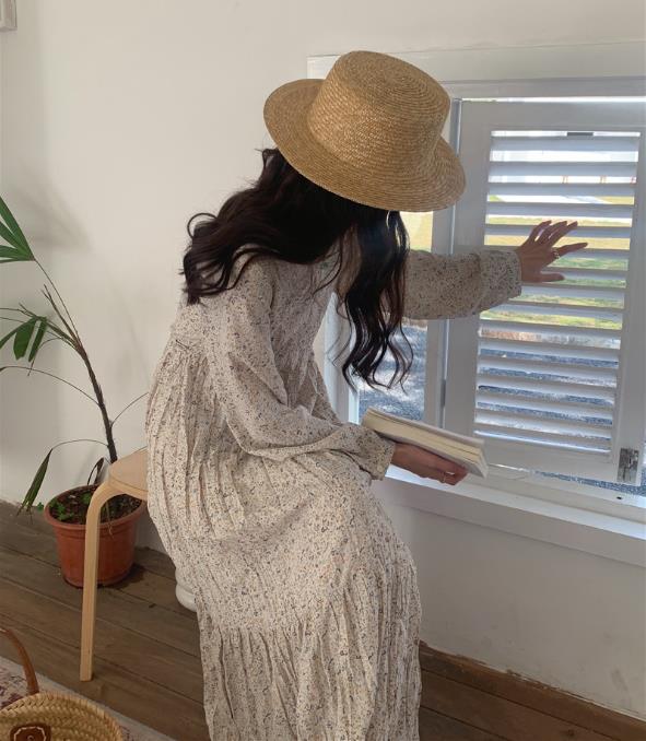 花柄ウエスト収まりリボン長袖ワンピース (T)