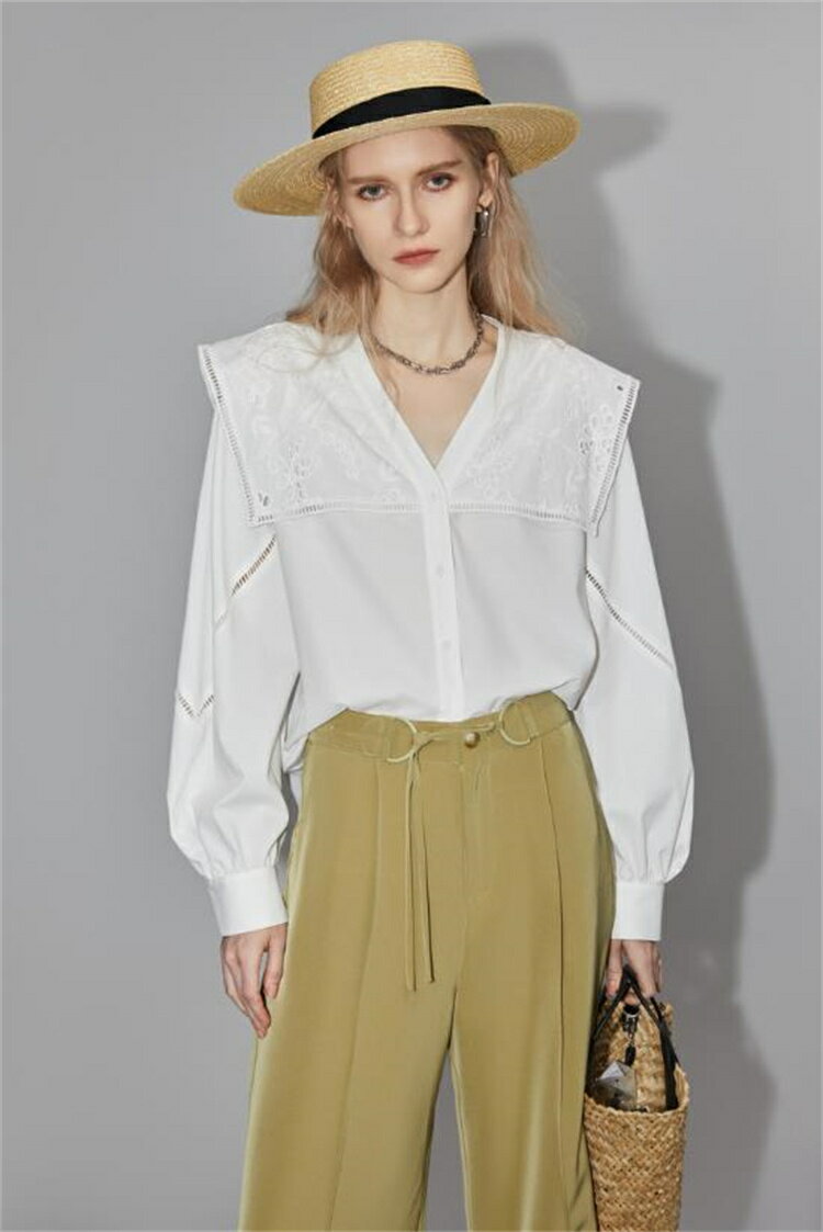 スリム Vネック 襟返し レース シャツ ブラウス (T)