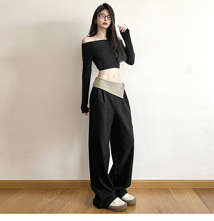 韓国ファッション ギャル ハイウエスト ロングパンツ (T)