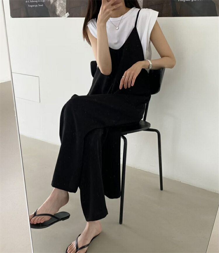 Uネック垂れ感細い肩紐オールインワン (T)