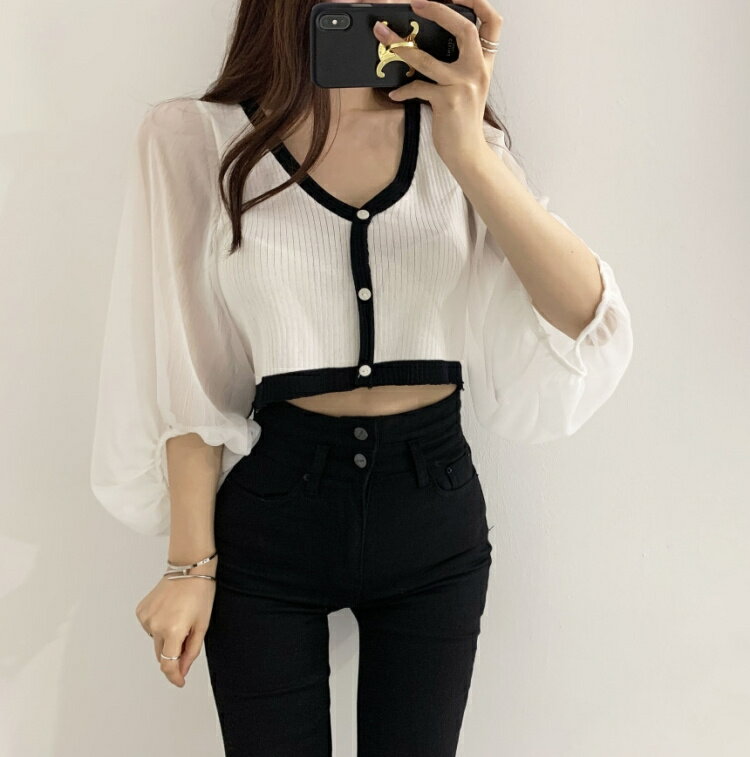 ニットトップス スリム シフォン カーディガン (T)(4)