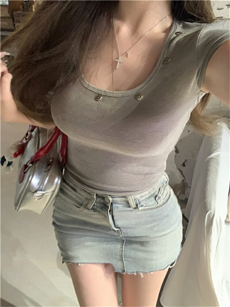 Uネック短い半袖アメリカンレディー...