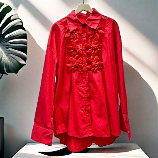 立体花 ステンシル ブラウス 長袖 シャツ (T) 立体花 ステンシル ブラウス 長袖 シャツ (T)