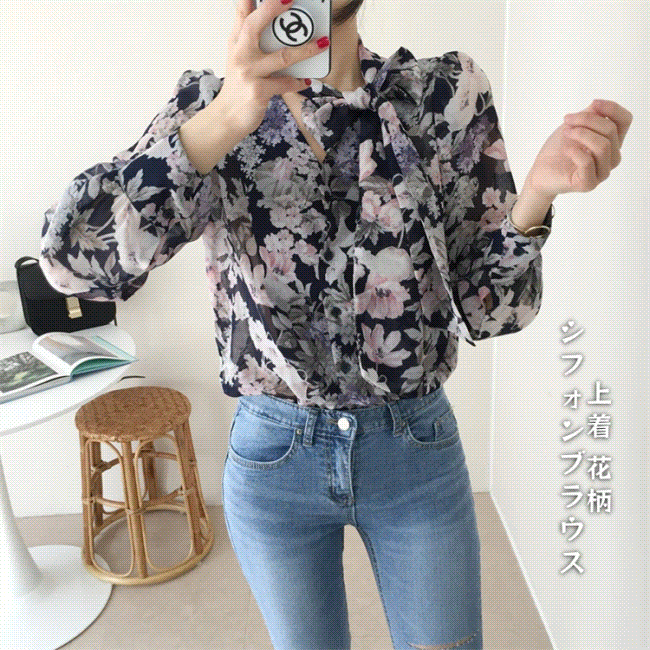 花柄シフォンブラウス 長袖シャツ (T)