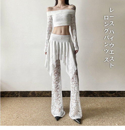 スリム ロングパンツ スカート レース ハイウエスト カジュアルパンツ (T) スリム ロングパンツ スカート レース ハイウエスト カジュアルパンツ (T)