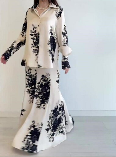 シャツ ブラウス 薄手 文芸 はながら プリント ロングスカート セットアップ (T) シャツ ブラウス 薄手 文芸 はながら プリント ロングスカート セットアップ (T)