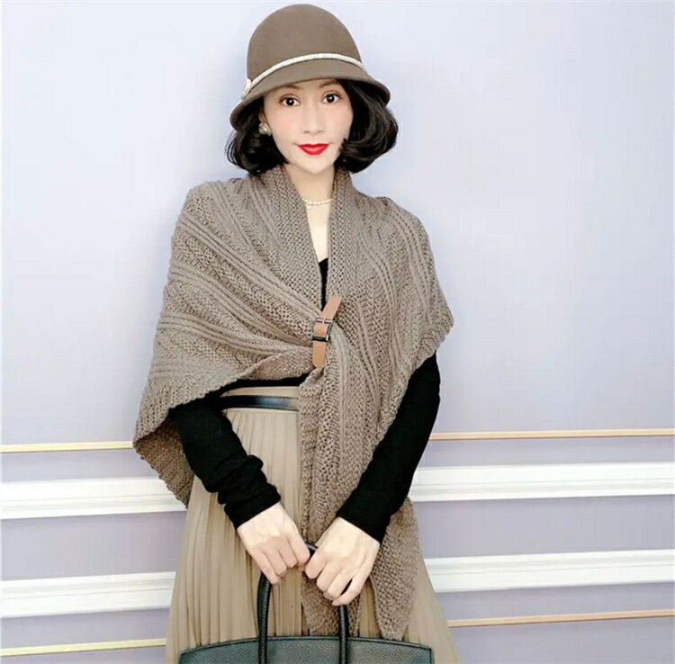 ニットショール 秋冬 保温 毛糸で首を囲む 暖かい 厚手 革バックル (T)