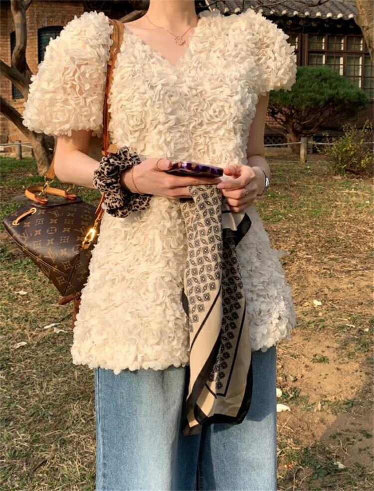 立体花装飾パフスリーブ夏ワンピース (T)