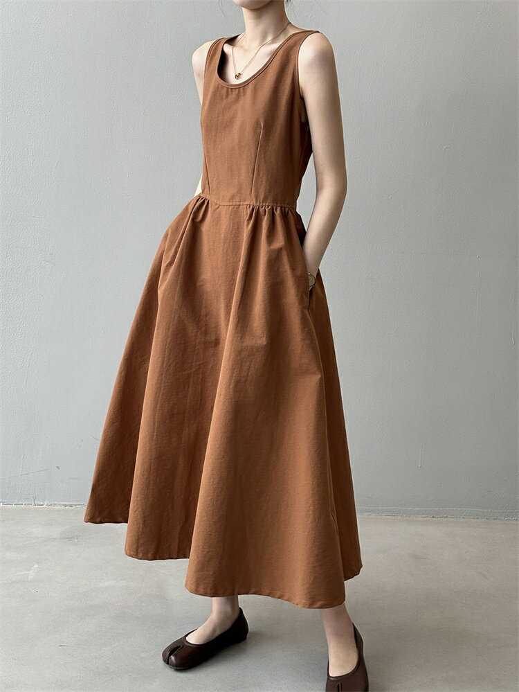 ノースリーブウエストマークロングワンピース (T)