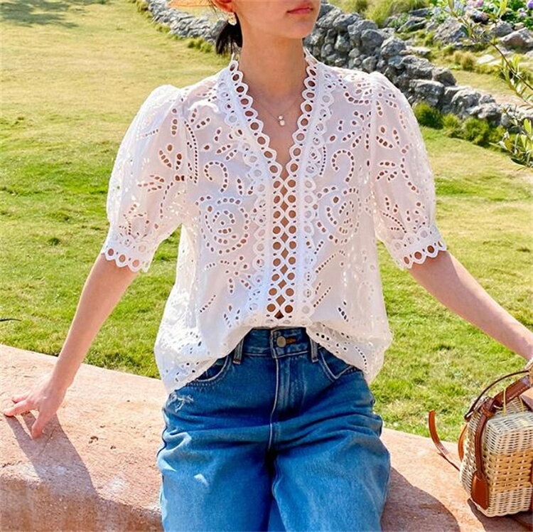 手作り風刺繍Vネックブラウス (T)