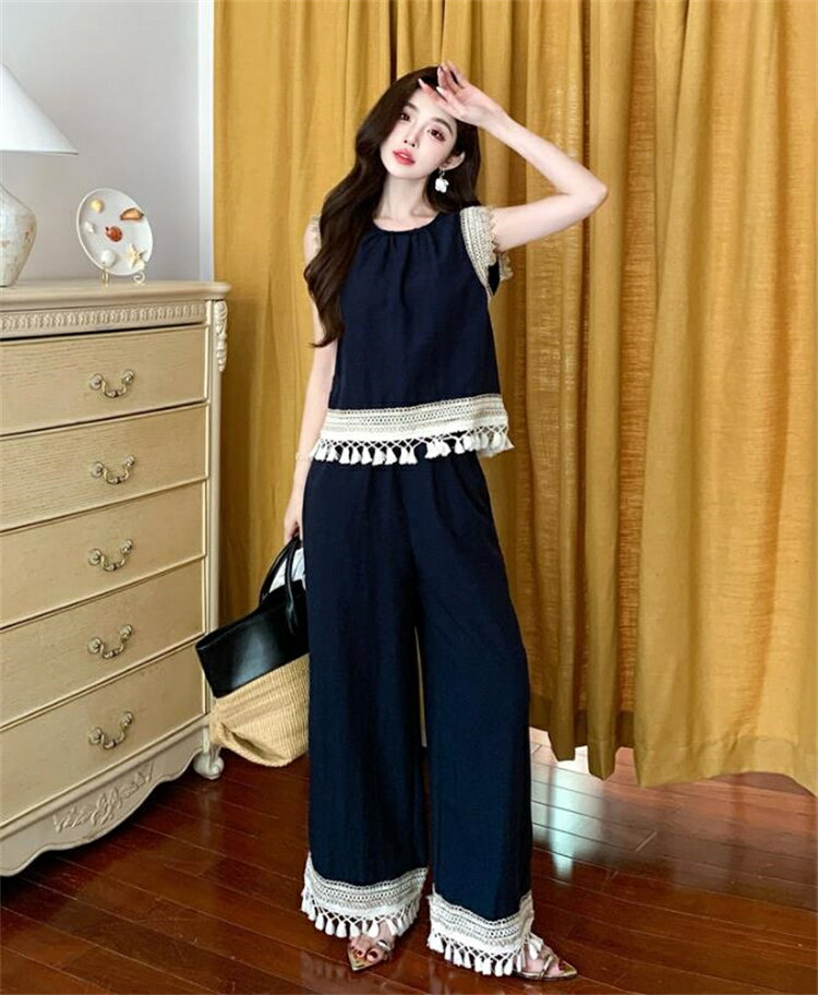 ボヘミアン フリンジトップス＋縦ラインワイドパンツ 2点セット (T)