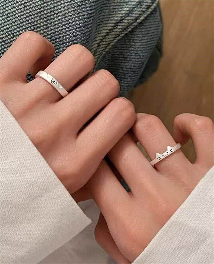 S999純銀 猫と犬の物語 オープンカップルリング (T)