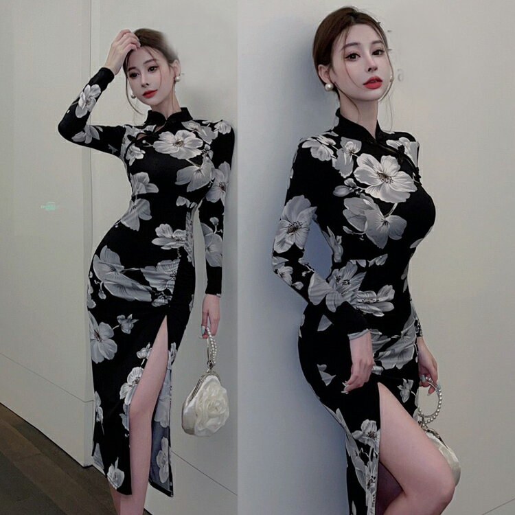 長袖ストレッチチャイナドレス セクシー エロい 大胆 過激 アダルト系 エッチ 大人 コスチューム セクシーランジェリー エロ 可愛い かわいい(T)