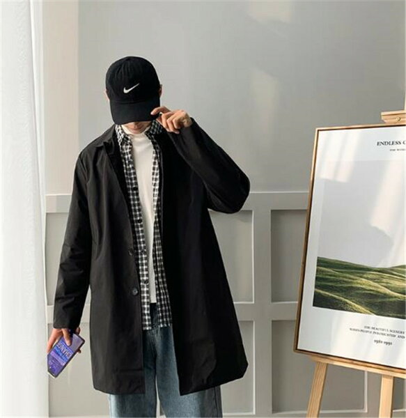 単体ボタンコートメンズファッショントレンチコート大きいトレンド(T)