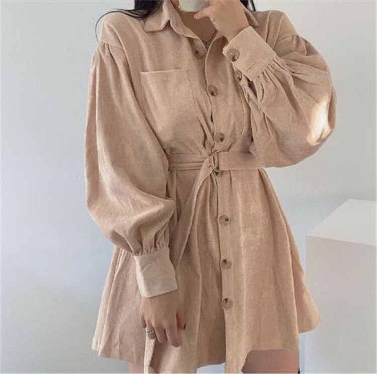 可愛い系 シャツワンピ ショート丈 コーデュロイ ゆったり 単体ボタン(T)