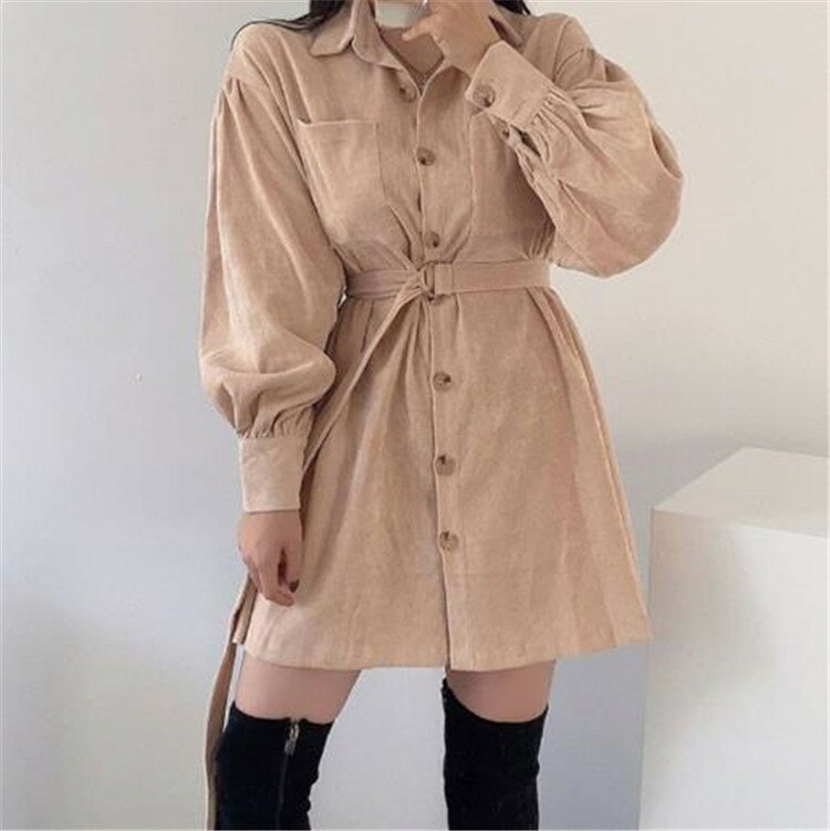 可愛い系 シャツワンピ ショート丈 コーデュロイ ゆったり 単体ボタン(T)