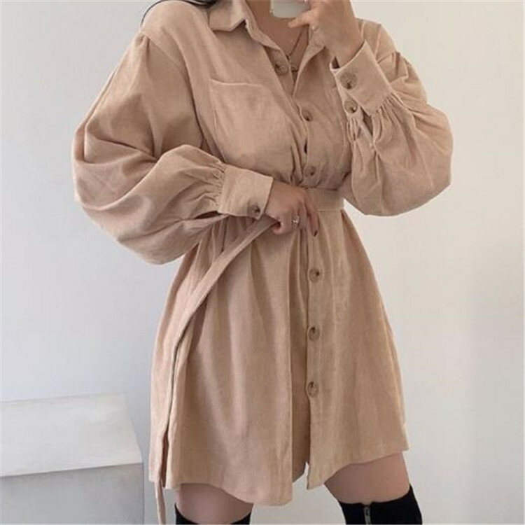 可愛い系 シャツワンピ ショート丈 コーデュロイ ゆったり 単体ボタン(T)