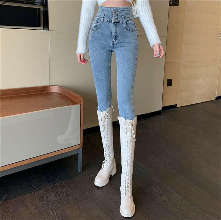 通りすがりの人がみなている 裏起毛 スキニーパンツ ジーンズ スリミング ストレッチ ハイウエスト(T)