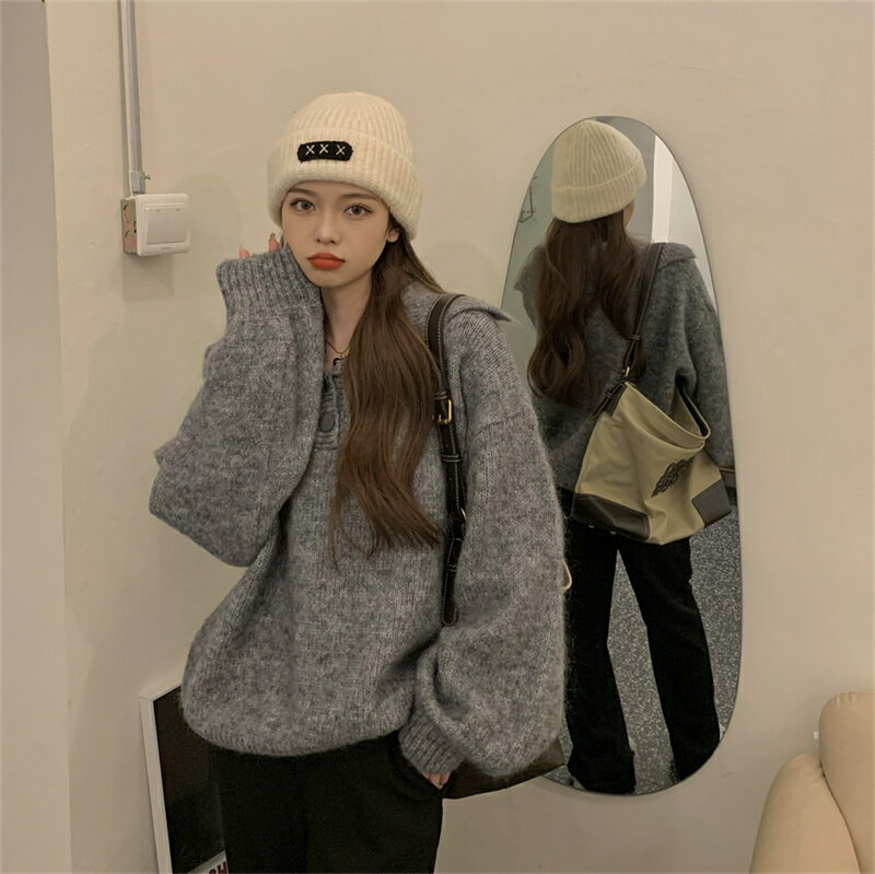 レイジー風 合わせやすい 折り襟 長袖ポロシャツ セーター[K](T)