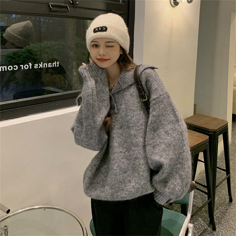 レイジー風 合わせやすい 折り襟 長袖ポロシャツ セーター[K](T)