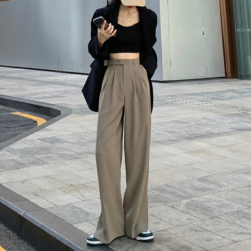 韓国ファッション シンプルベルトハイウエスト 快適スーツカジュアルワイドレッグスーツパンツ[K](T)