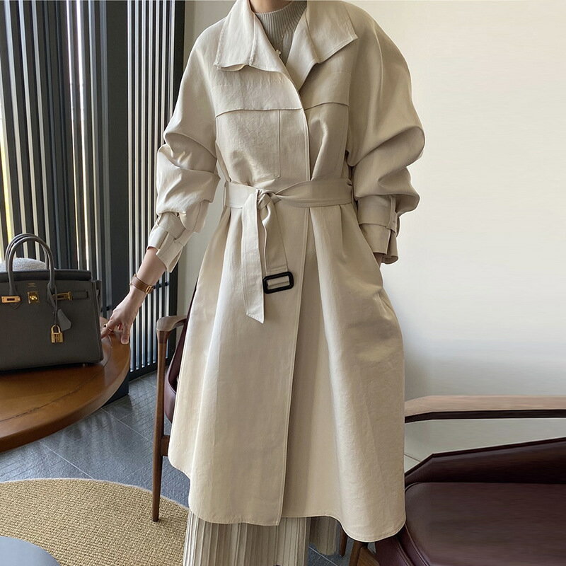 無地 シンプル トレンチコート ロングコート 通勤OLファッション韓国ファッション[K](T)