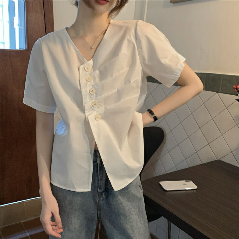 可愛い パフスリーブ シングルブレスト Vネック ブラウス カジュアル Tシャツ韓国ファッション[K](T)