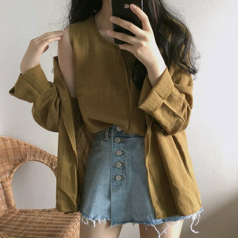 ノースリーブーブ キャミソール長袖 カーディガン コート カジュアル 服装セット[K](T)