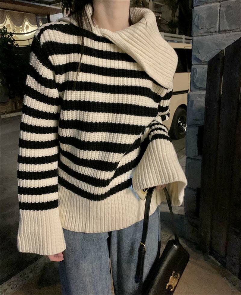 ニット生地 ストライプファッション 無地 ハイネック ニットセーター[K](T)