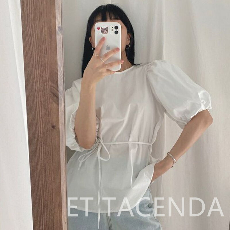 レーシング ランタンスリーブ ラウンドネック 無地 プルオーバー シャツブラウス[K](T)