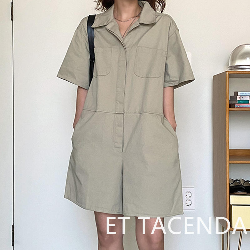 カジュアル シンプル ゆったり ショートパンツ ポケット デコレーション オールインワンサロペット[K](T)
