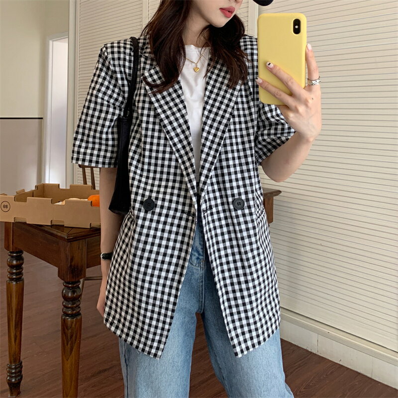 カジュアル レトロ 半袖 チェック柄 カジュアルスーツ[K](T)