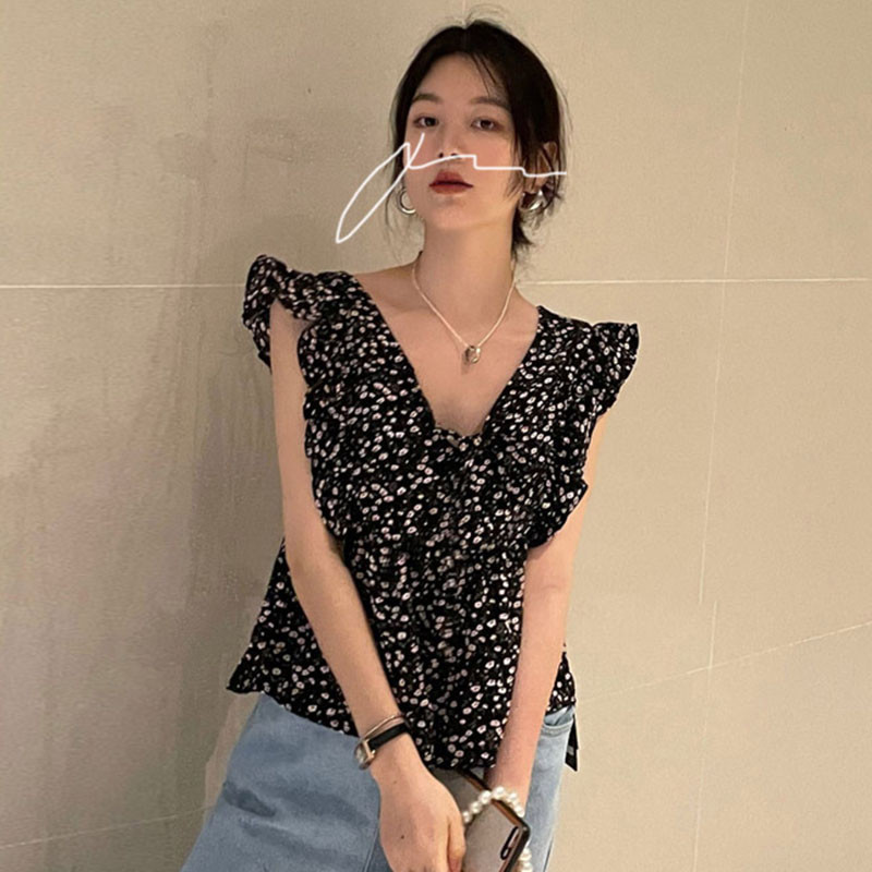 レトロ プリーツ レーシング フライングスリーブ Vネック 花柄 シャツブラウス[K](T)