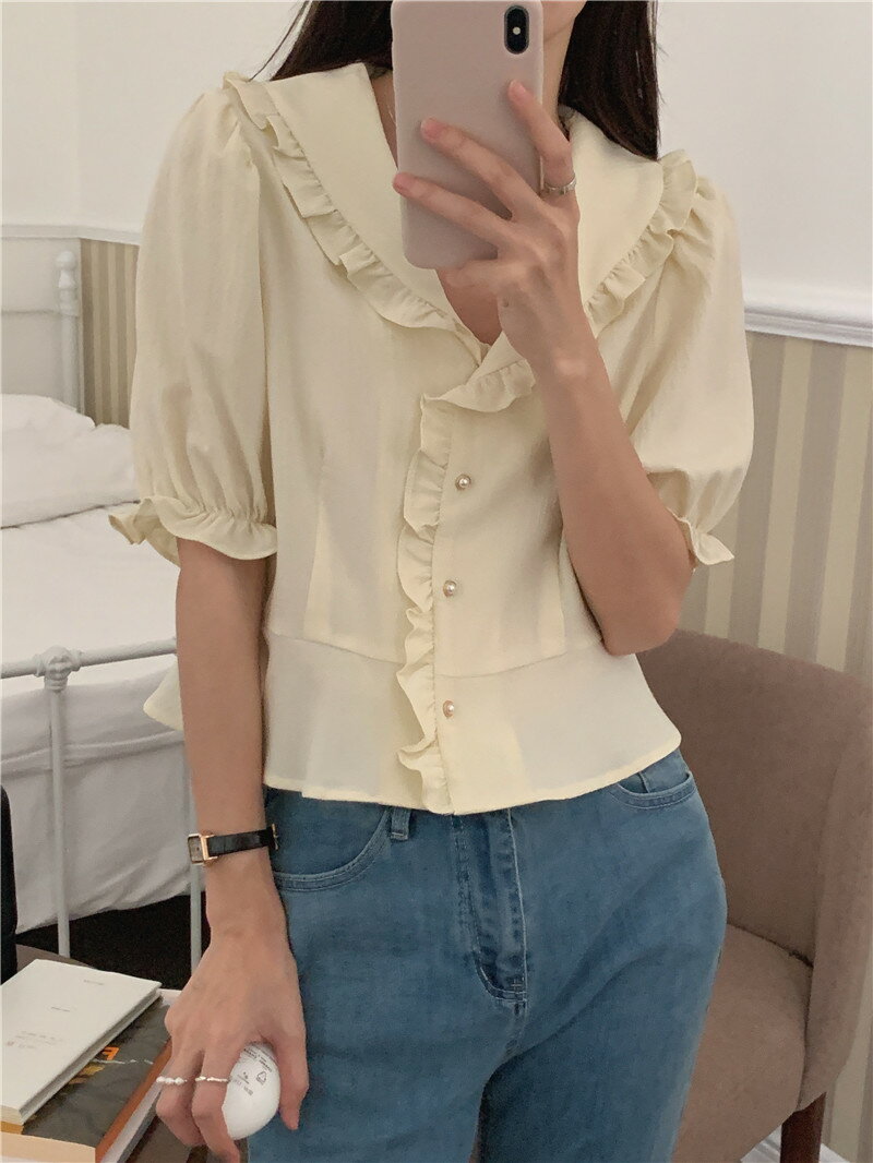 レトロ ゆったり レーシング パフスリーブ 折り襟 シャツブラウス[K](T)