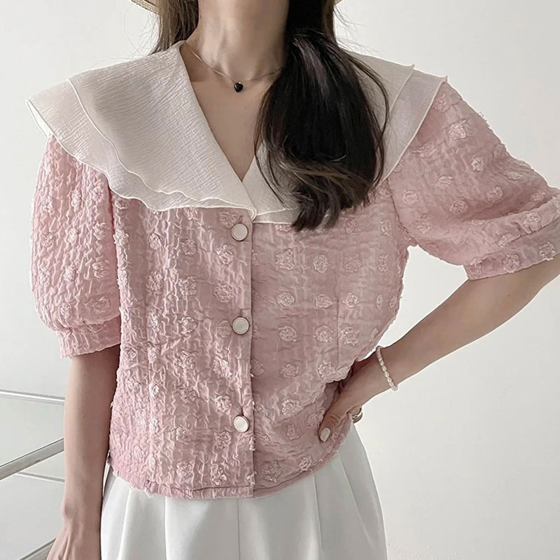 若見え フリル パフスリーブ Vネック シングルブレスト 花柄 シャツブラウス[K](T)