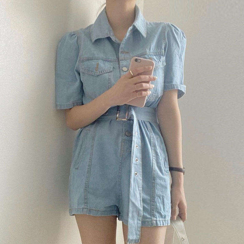 レトロ レーシング 半袖 折り襟 デニム ショート オールインワンサロペット[K](T)