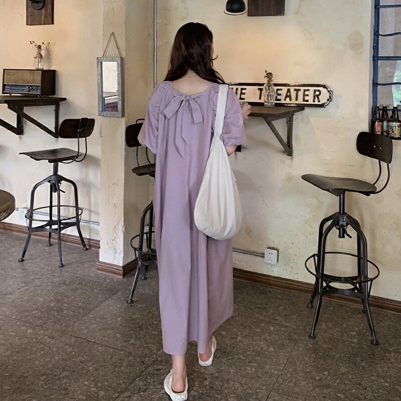 【マラソン直前!500円OFFクーポン利用で★3000円】パフスリーブ ワンピースシンプル レディース 大人 可愛い かわいい おしゃれ バルーンスリーブ きれいめ リボン ゆったり ロングワンピ ロング丈 五分袖 サマードレス パープル カジュアル [J][K](T)のサムネイル