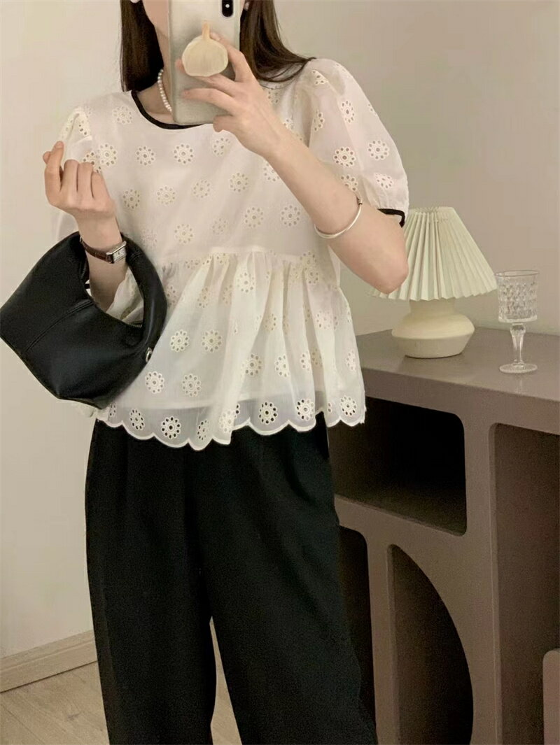 若見え 透け感 レース飾り ジャカード パフスリーブ 配色シャツブラウス[K](T)