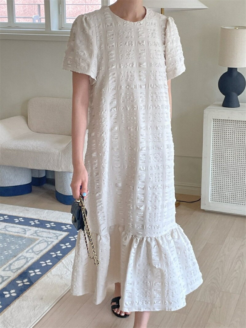 【マラソン直前!500円OFFクーポン利用で★3700円】コットン ワンピース 半袖 フリル ロング スウィート レディース ラウンドネック 可愛い かわいい おしゃれ 大人 シンプル ゆったり ふんわり フレアー ピンク アプリコット ブラック 黒 ロングワンピ [J][K](T)のサムネイル