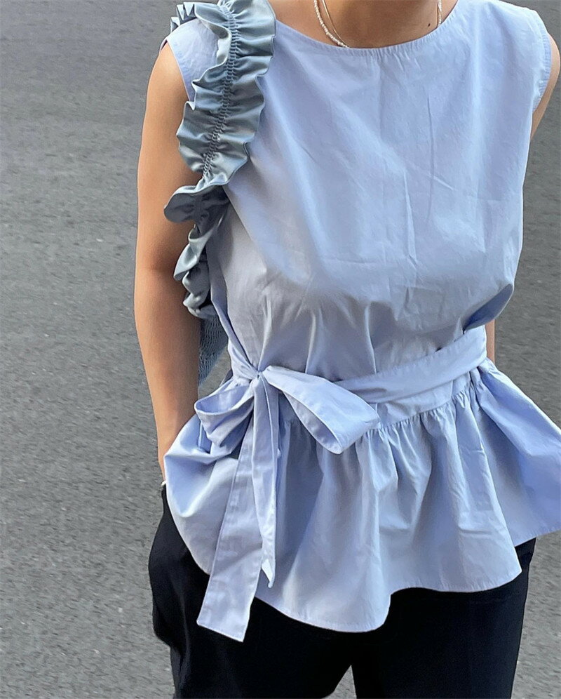 シンプル フリル ラウンドネック タンクトップキャミソール[K](T)