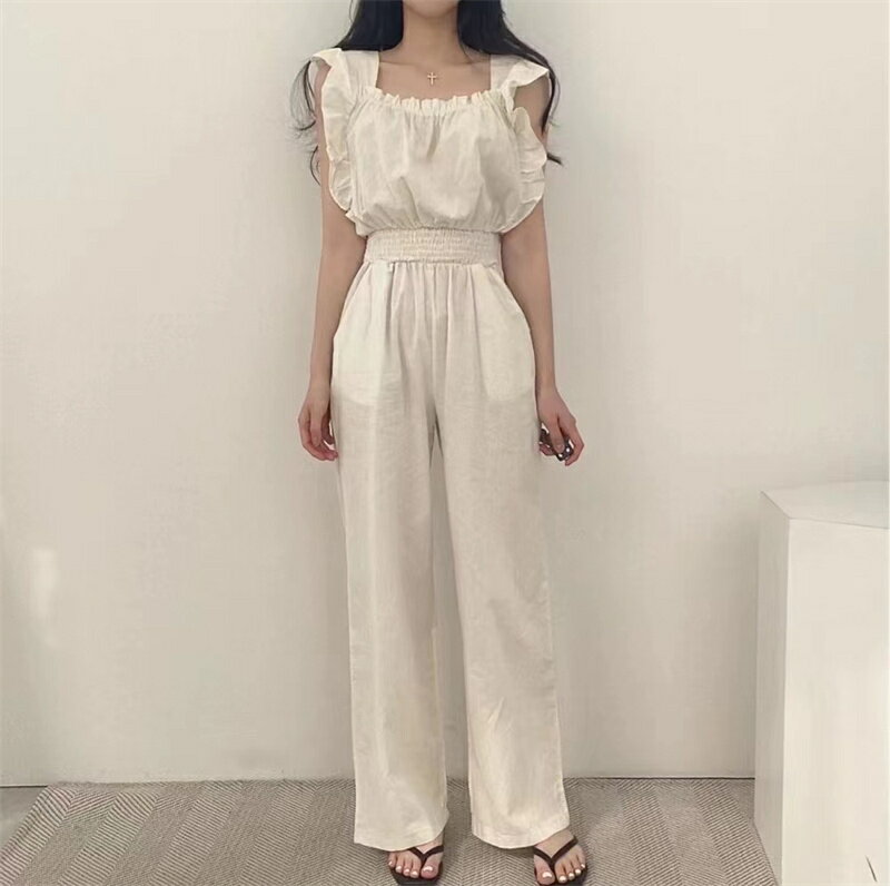 レトロ フライングスリーブ ロングパンツ オールインワンサロペット[K](T)