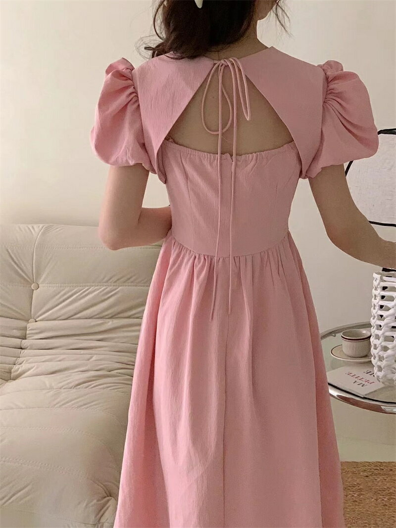 透け感パフスリーブ ロング カジュアルワンピース[K](T)